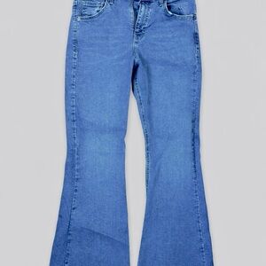 Topshop Jamie Flare Petite High Rise Jeans in Mid Blue - size W30 L28
